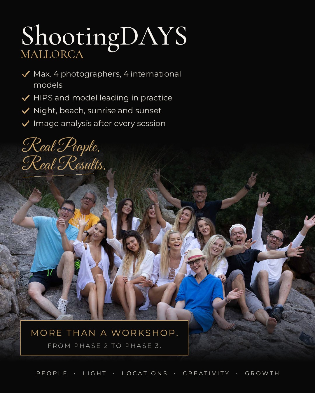 Mallorca ShootingDAYS group – photographers and models after a workshop day on the coast