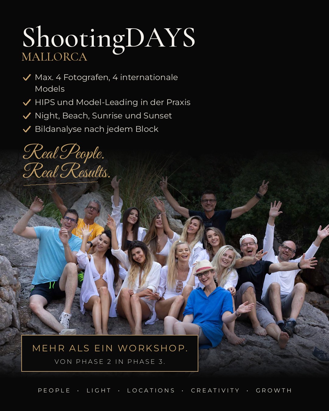 Mallorca ShootingDAYS group – photographers and models after a workshop day on the coast