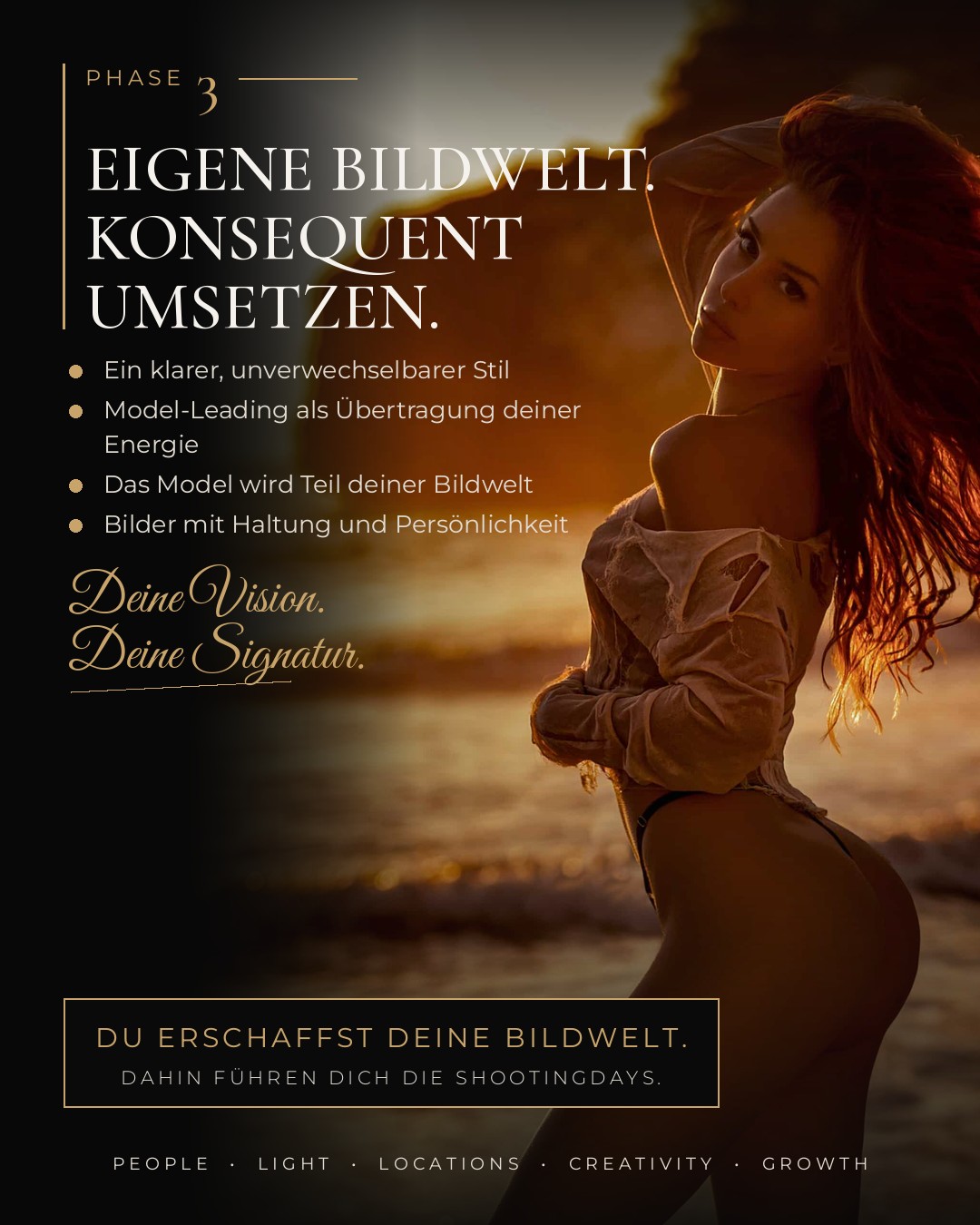 Phase 3 – Your own visual world: model in golden backlight on the beach in Mallorca