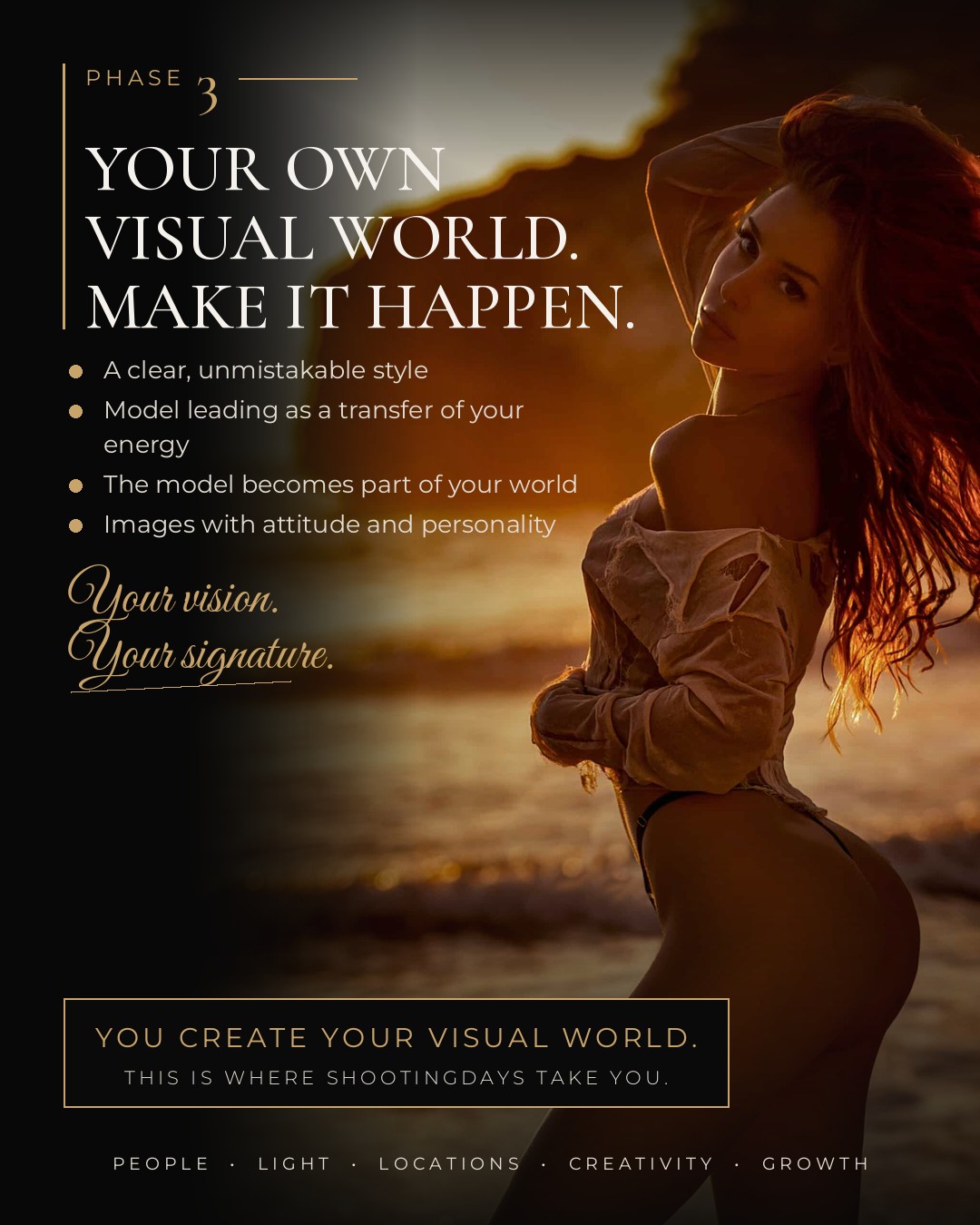 Phase 3 – Your own visual world: model in golden backlight on the beach in Mallorca